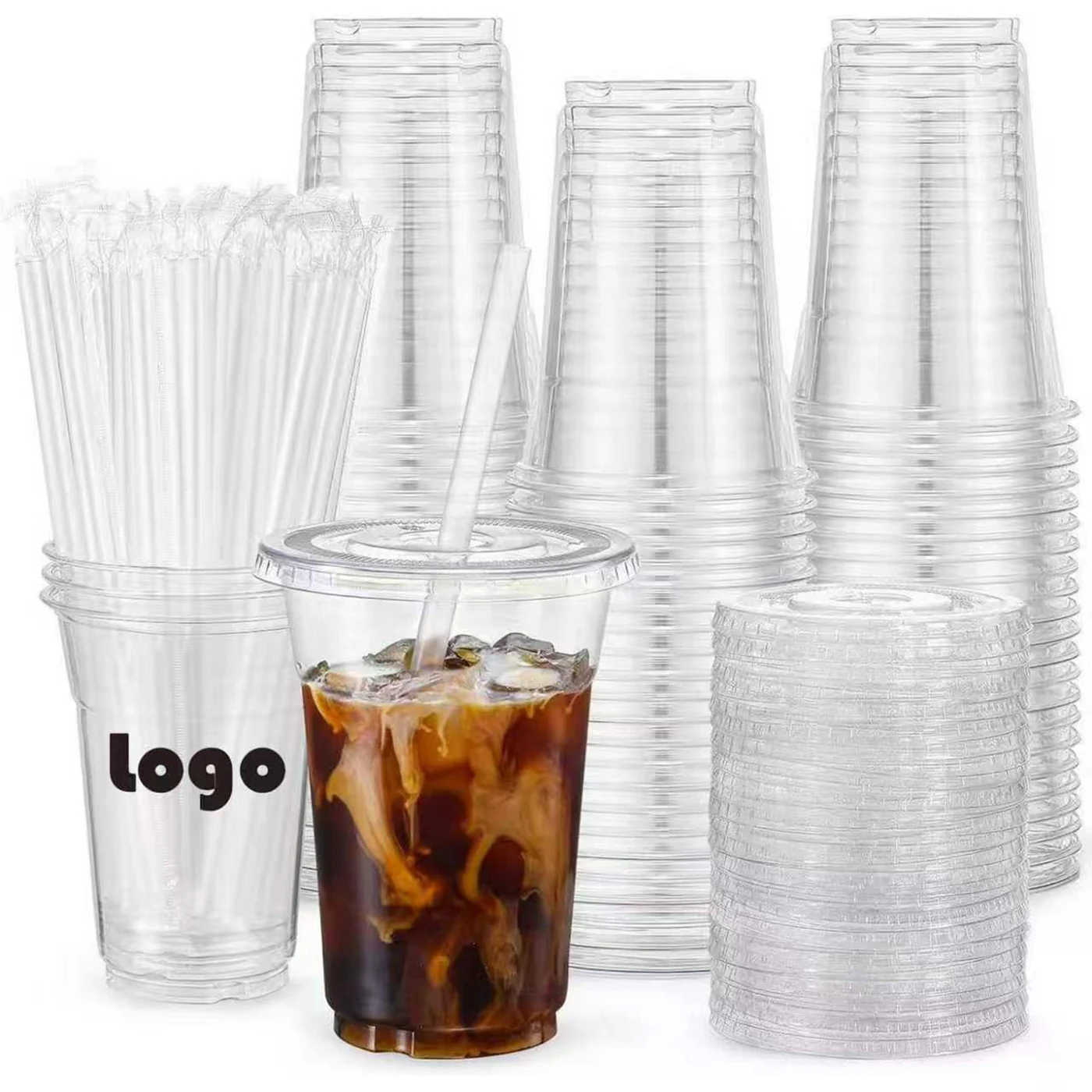 16oz Clear Disposable Cups With Lid & Straw – Set Of