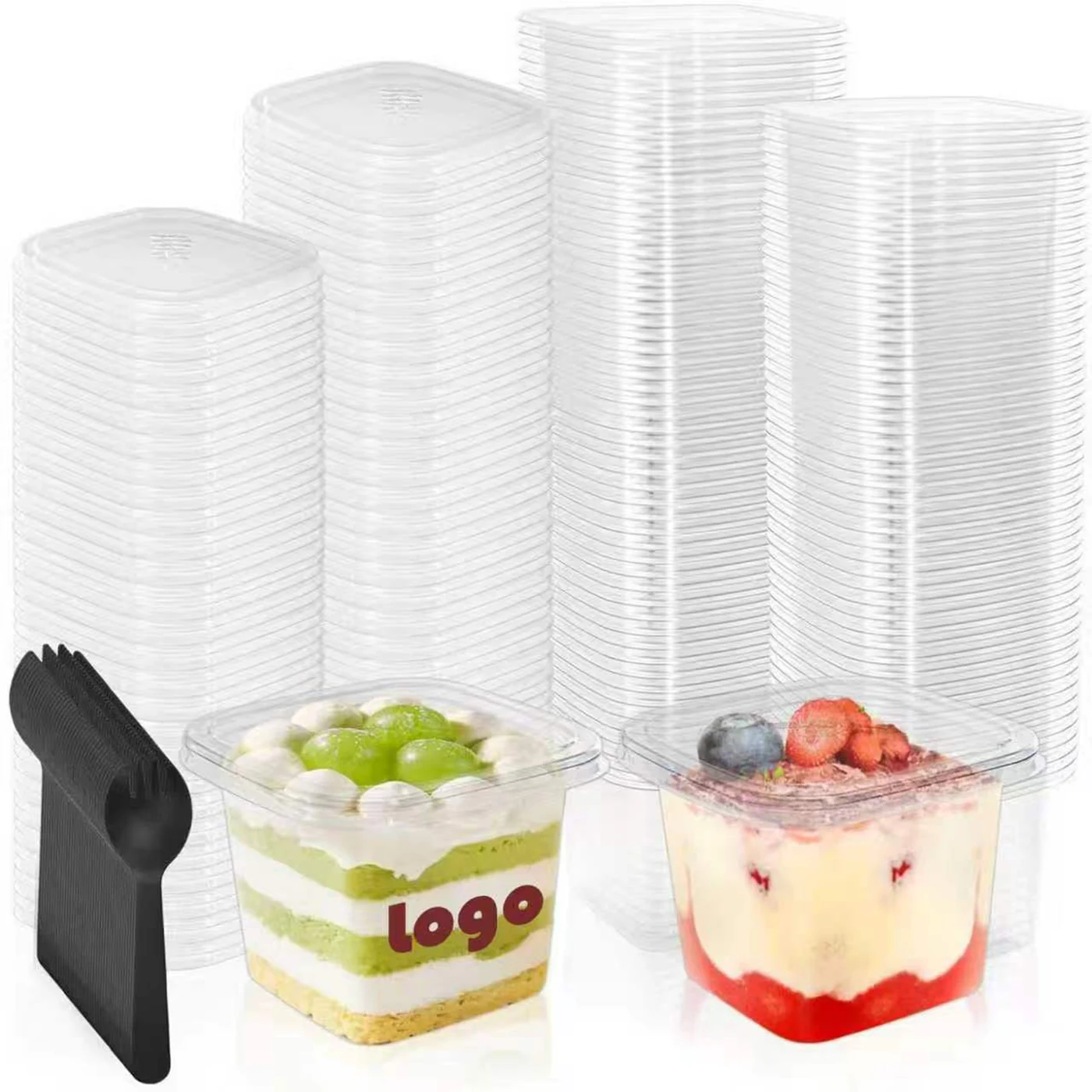 Square Disposable Clear Dessert Cups With Lids And Spoon
